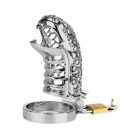 Stainless steel penis cage shaped like a serpentine basilisk. Offers xtreme vibrating sensations and ensures no testical discomfort. Perfect for temperature-sensitive play and prolonged wear.