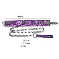 Elevate your dominatrix experience with the Mistress Chastity Purple Collar With Leash. Crafted from strong synthetic leather, this adjustable collar empowers you to enhance the psychological connection with your sub, giving you the power to lead and control.