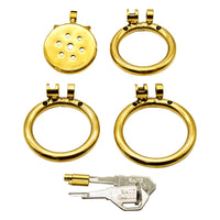 Experience ultimate control with the Golden Flat Gatling Cock kit a sleek metal device that flattens your cock, perfect for sissy play. Inspired by a rattlesnake's design, it features an optional dilator for enhanced sensation, ensuring no chance of escape.