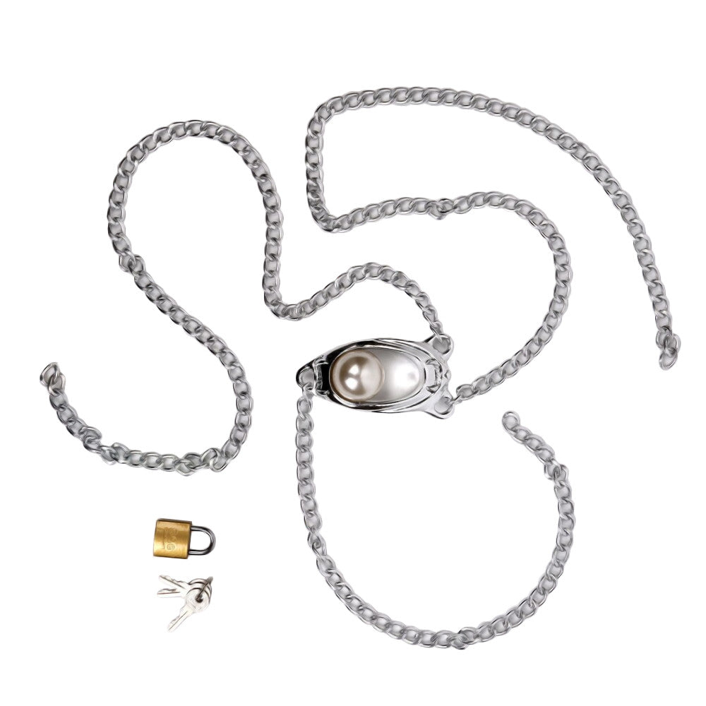 Indulge in elegance with our Pearled Chain Female Chastity Belt. Featuring stainless steel male chastity chains forming a silver pod adorned with pearls, this gold-accented container embodies female empowerment.