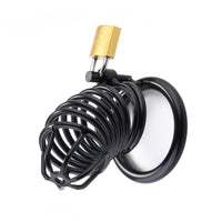 Black metal chastity cage featuring a minimalist, riveted build designed for secure, invisible control