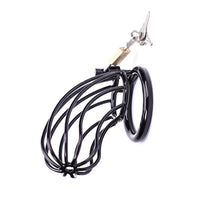 Durable black metal chastity cage crafted for comfort, airflow, and discreet daily use.