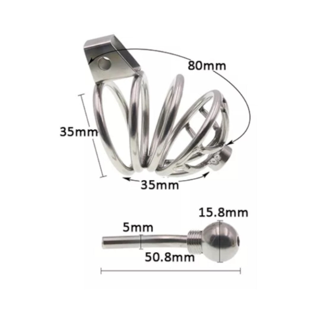 Lock away desires with this stainless steel kit urethral device. Perfect for men exploring submission, it features a catheter penis plug and adjustable testicle rings, ensuring no escape from your bosses' control.