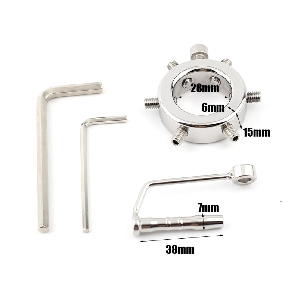 Experience the thrilling weight of control with 'The Ring of Torture' a stainless steel cock cock ring featuring a plug penis attachment. Its adjustable screws make escape impossible, while the divider design prevents any blackout moments, elevating your BDSM play to new heights.