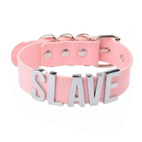 Handmade leather slave choker, perfect for black or pink femboy outfits. The bold SLAVE lettering commands attention, pairing seamlessly with a bikini for versatile power dynamics.