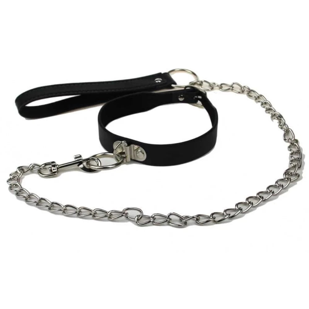 BDSM leather spiked collar and leash for men - choker o ring and removable  chain