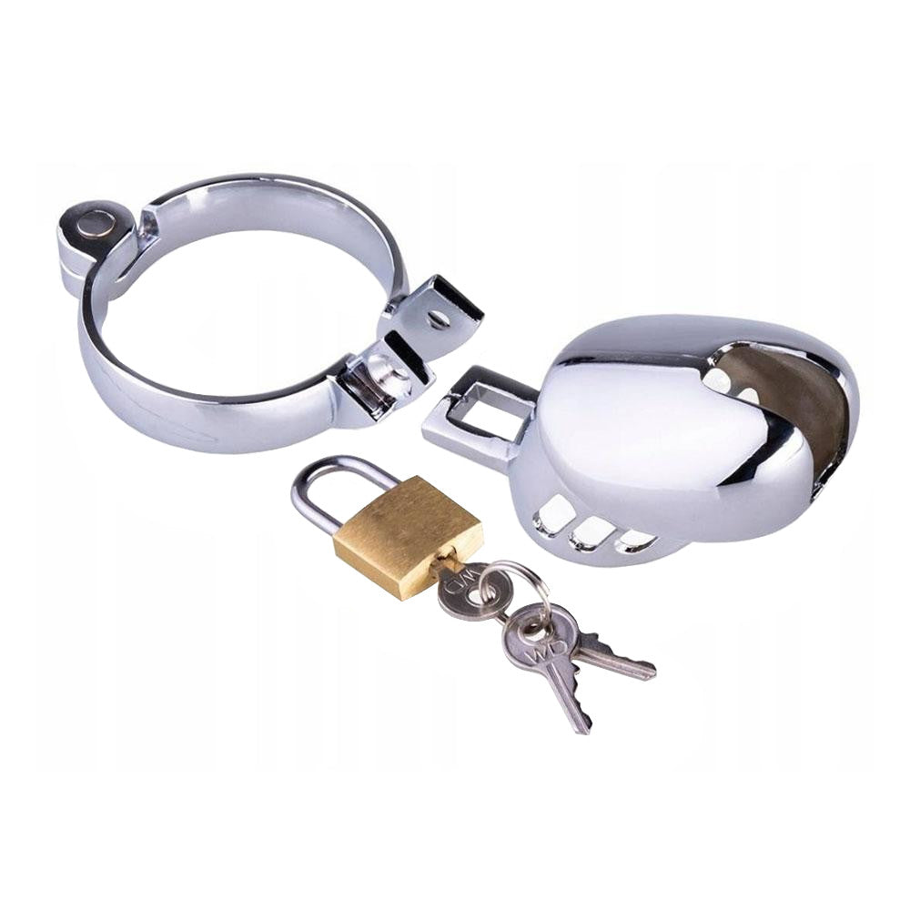 Metal cock cage crafted from durable stainless steel for ultimate control and comfort. With snap penis ring, secure locking, and open design, it ensures hygiene while exploring BDSM. Ideal for extended wear, chastity, and submission. Urinate easily, stay secure, and indulge in denied release as mouth and touch tantalize desires.