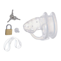 The Pathetic Holy Trainer is a silicone device designed to train your cock. With ventilation tubes and an opening for urinating, it offers comfort while keeping you securely closed. The vice-like fit and internal spikes add a thrilling challenge for those seeking advanced chastity play.
