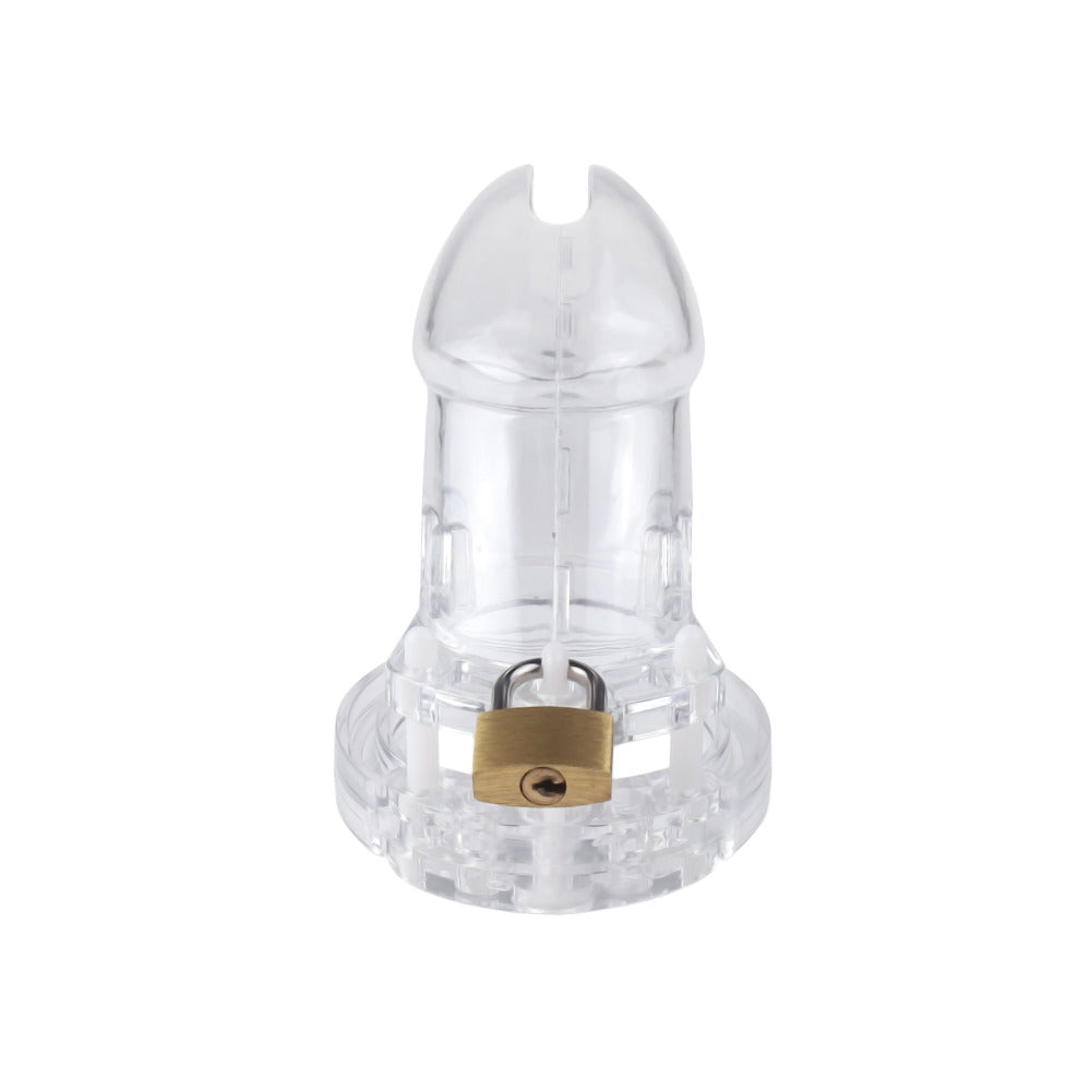 Max's mistress takes control to another level with this transparent plastic cage, a non-metal solution for their dynamic. With five rings, it's a perfect fit, even when in public. Laughs and devotion ensured.