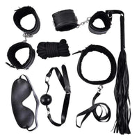 Get tied up in passion with our Playful Mistress 7-Piece Bondage Set. Ignite the tinder of desire, blindfold your lover with the eye mask, quote their deepest fantasies, and weave a web of pleasure like a spider.