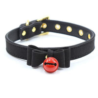 Charming Leather Sissy Chastity Bow Tie: an ergonomic tie that adjusts to measure perfectly around the neck, preventing slipping with its secure string. The front chime emits a subtle cage sound, adding playful allure to your BDSM sessions.