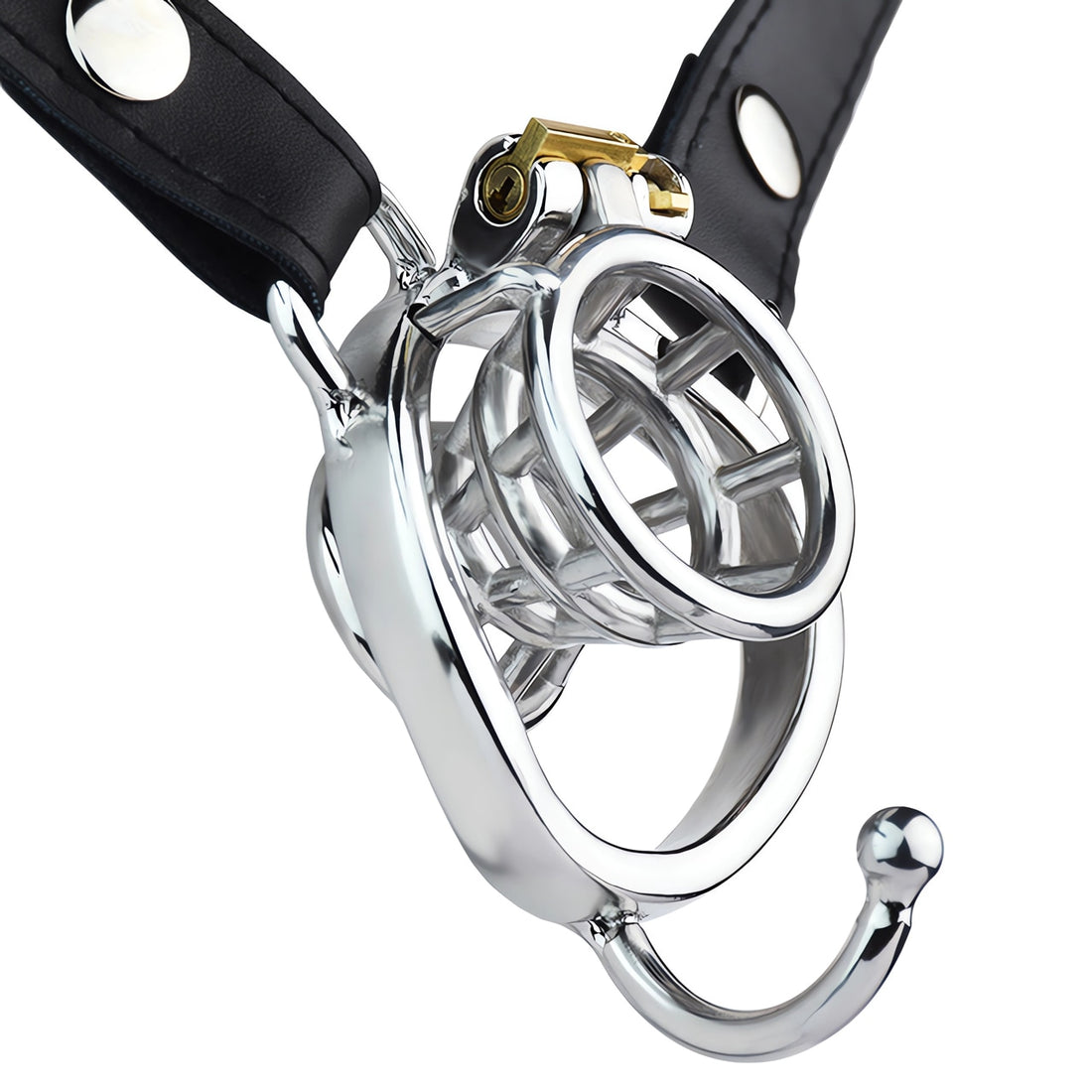Metal chastity device with leather straps for ultimate comfort and security