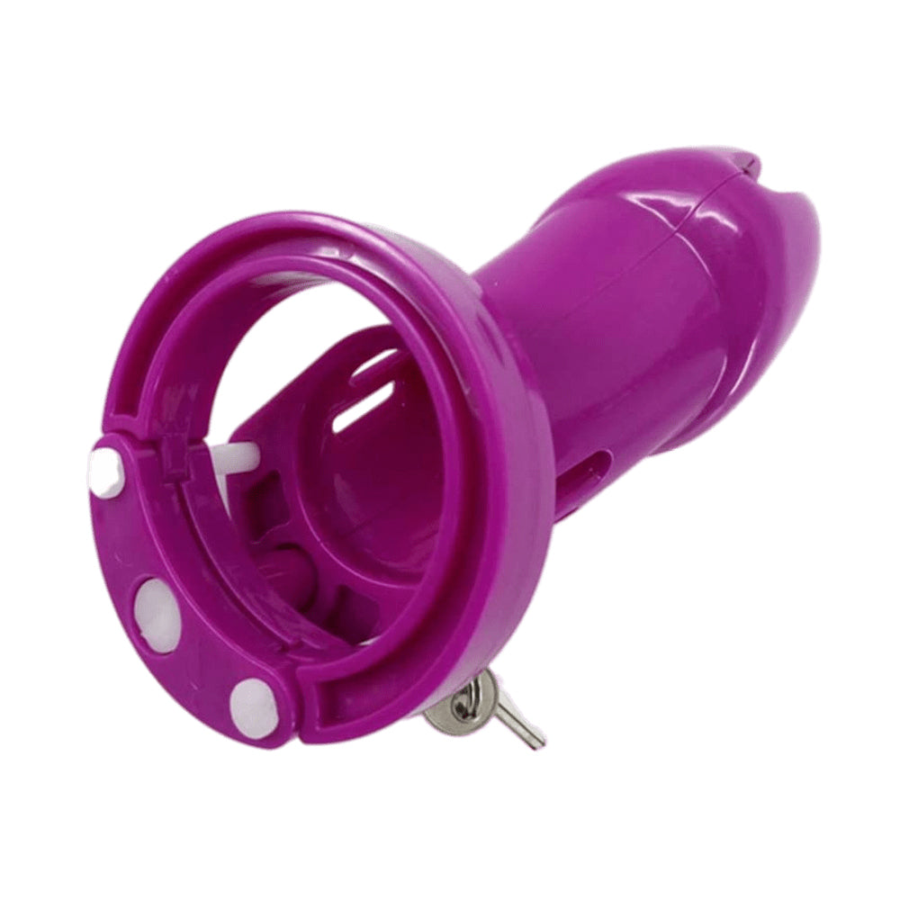 Unlock the thrill of anticipation with this magenta plastic cage, where pleasure and control intertwine. Lightweight with easy cleaning, it keeps things drip-free and discreetly secure.