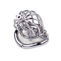 This is an image of the Pleasurable Pain Urethra Cock Cage, a high-quality stainless-steel chastity device with a catheter tube for submissive pleasure.