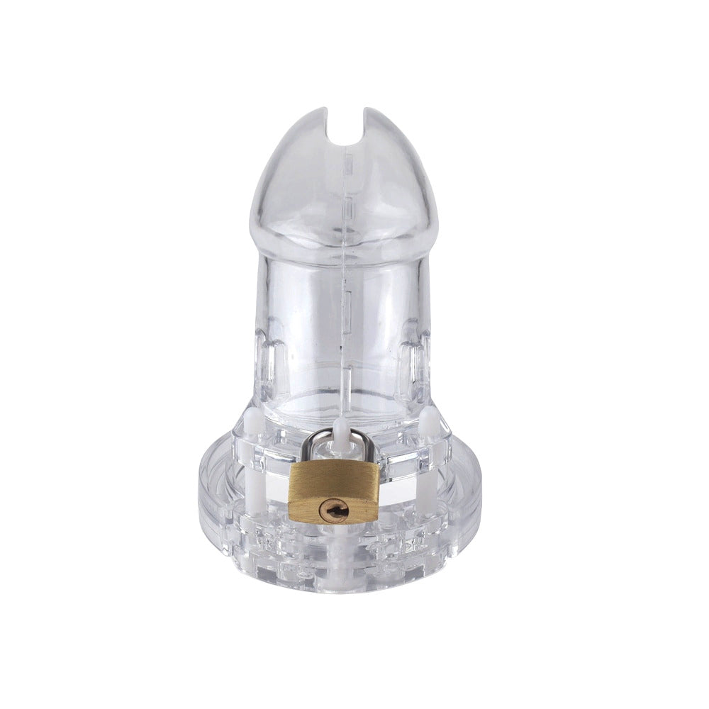 Experience comfort and discretion with our transparent plastic chastity kit featuring an internal locking mechanism. Eliminate bulky padlocks the inner design secures without screws, offering a seamless locking experience.
