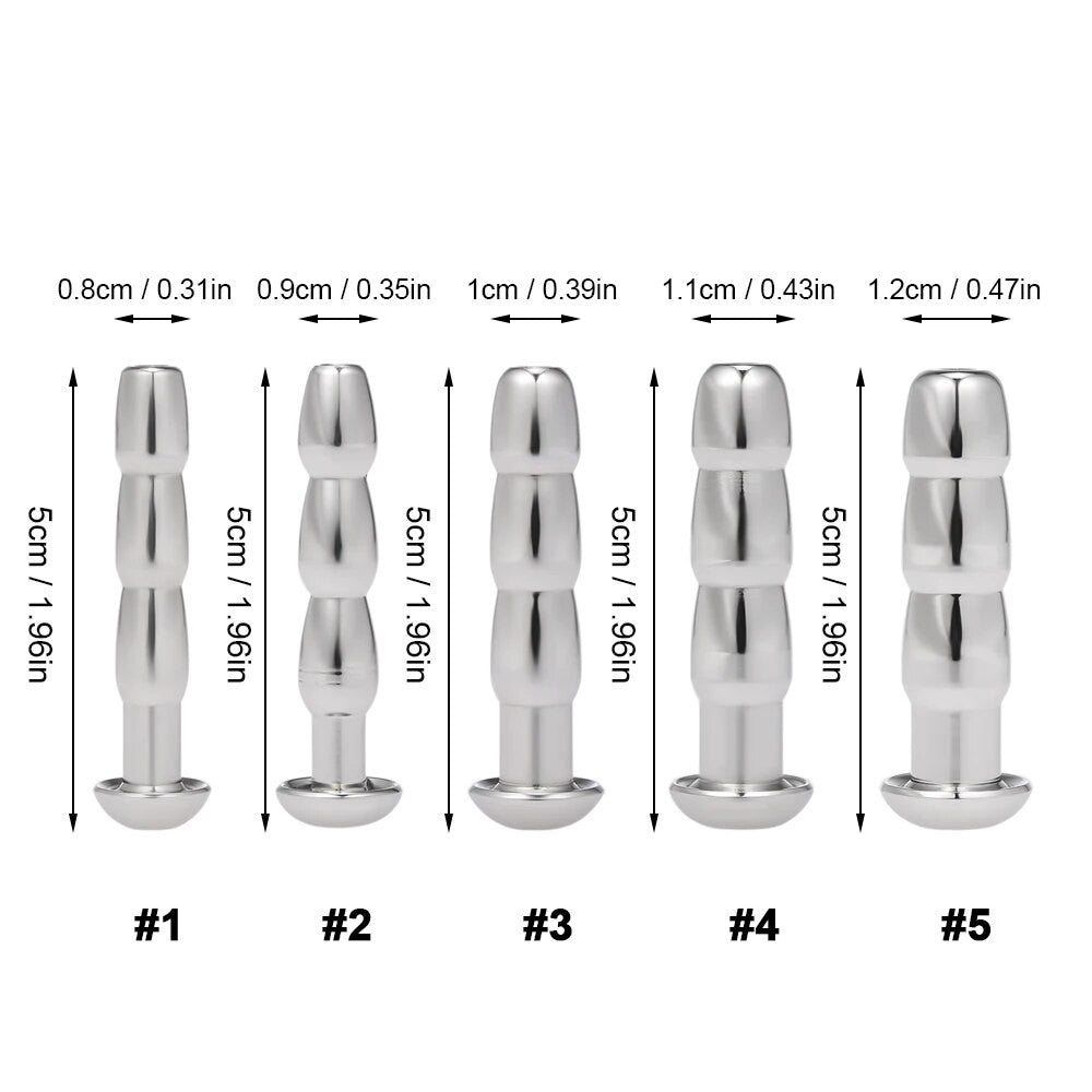 Elevate your urethral play with this ribbed, hollow stainless steel plug for full-spectrum sensation and easy fluid flow. Available in sizes up to 0.47 inch, ideal for extended play or overnight lockdown.