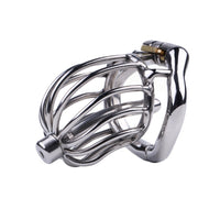Take a look at an image of Pleasurable Pain Urethra Cock Cage featuring a stainless-steel birdcage design with a urethral catheter tube for forbidden playtime.