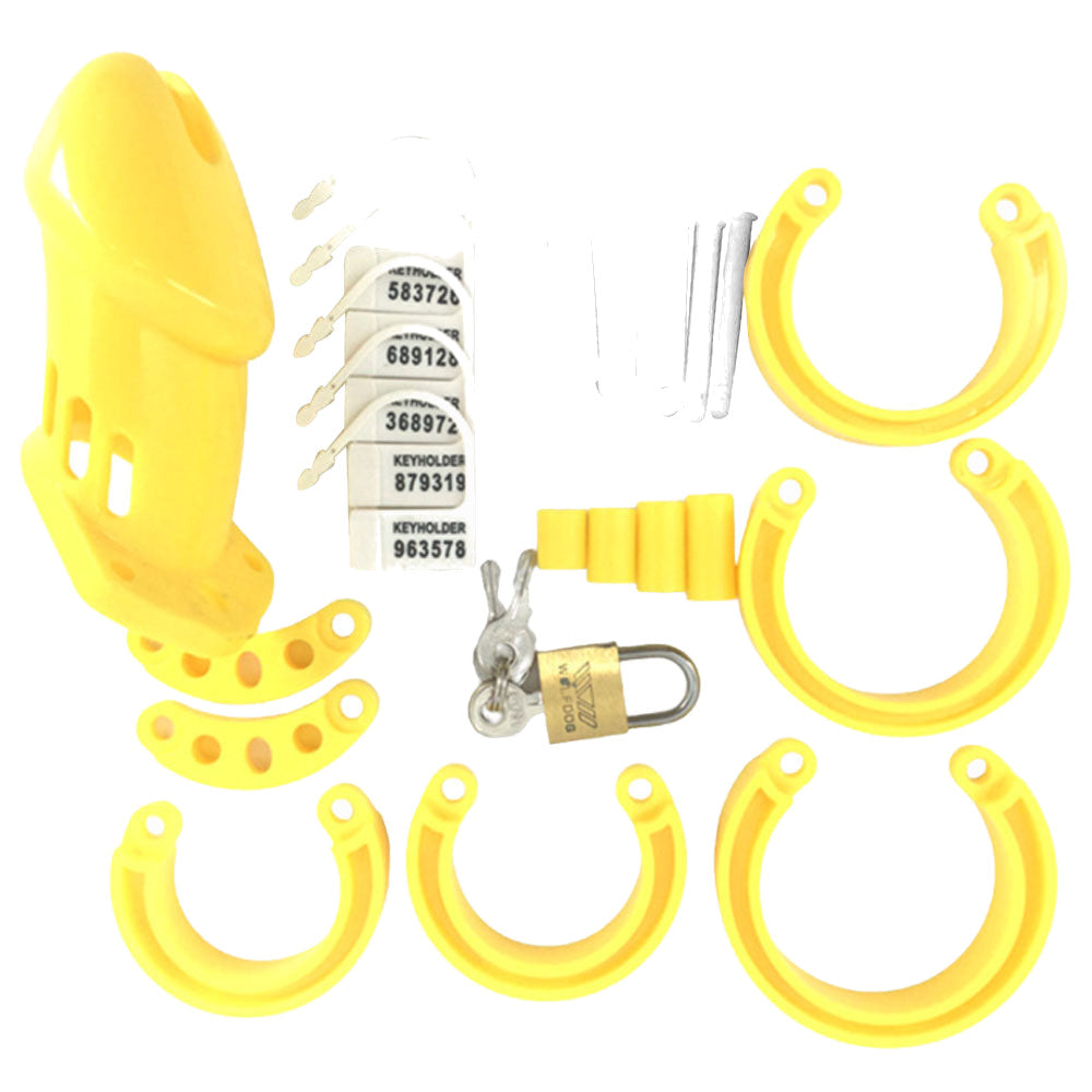 Experience the thrill of being controlled with our high-quality, spiky Yellow Bellied Sissy cage. Its two-sided design ensures comfort while getting rid of negative impulses.