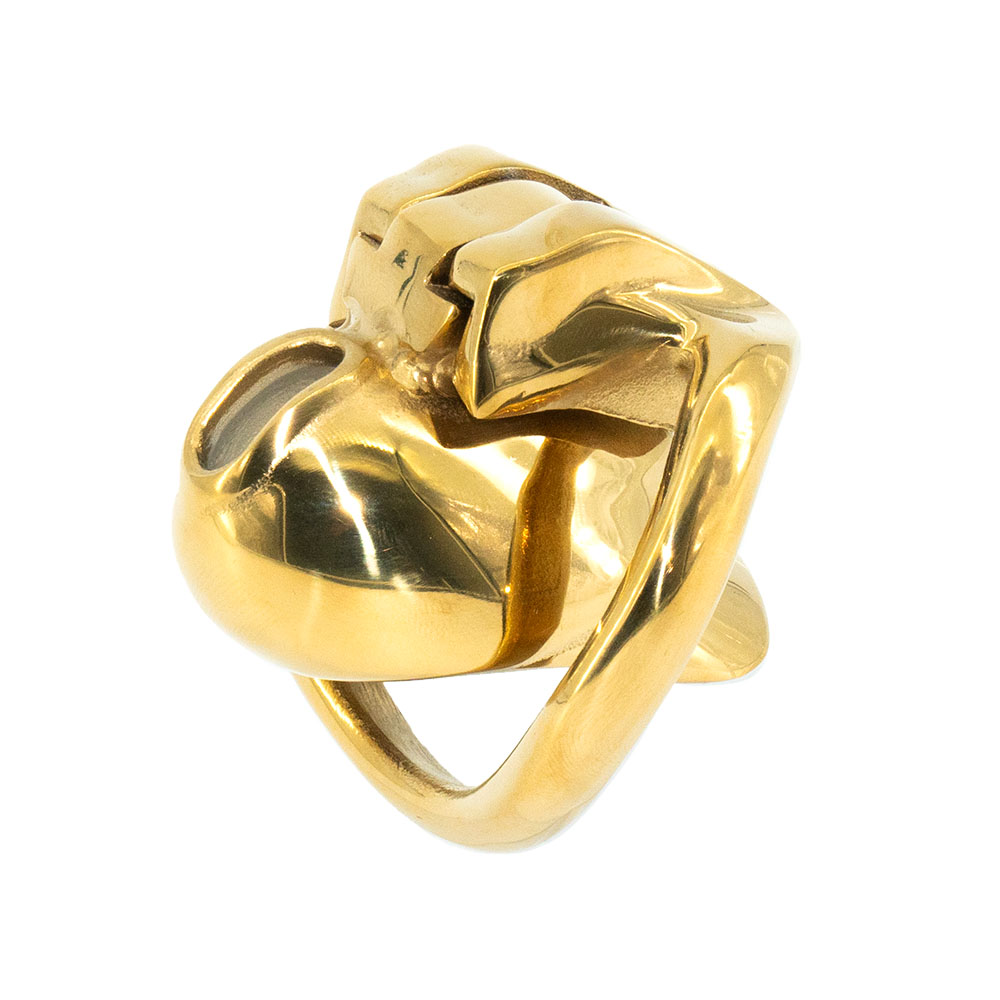 This is an image of the Gold Holy Trainer Chastity Cage V3 in shining gold stainless steel.