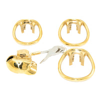 Gold chastity device with barrel lock mechanism for secure fit and reliability.