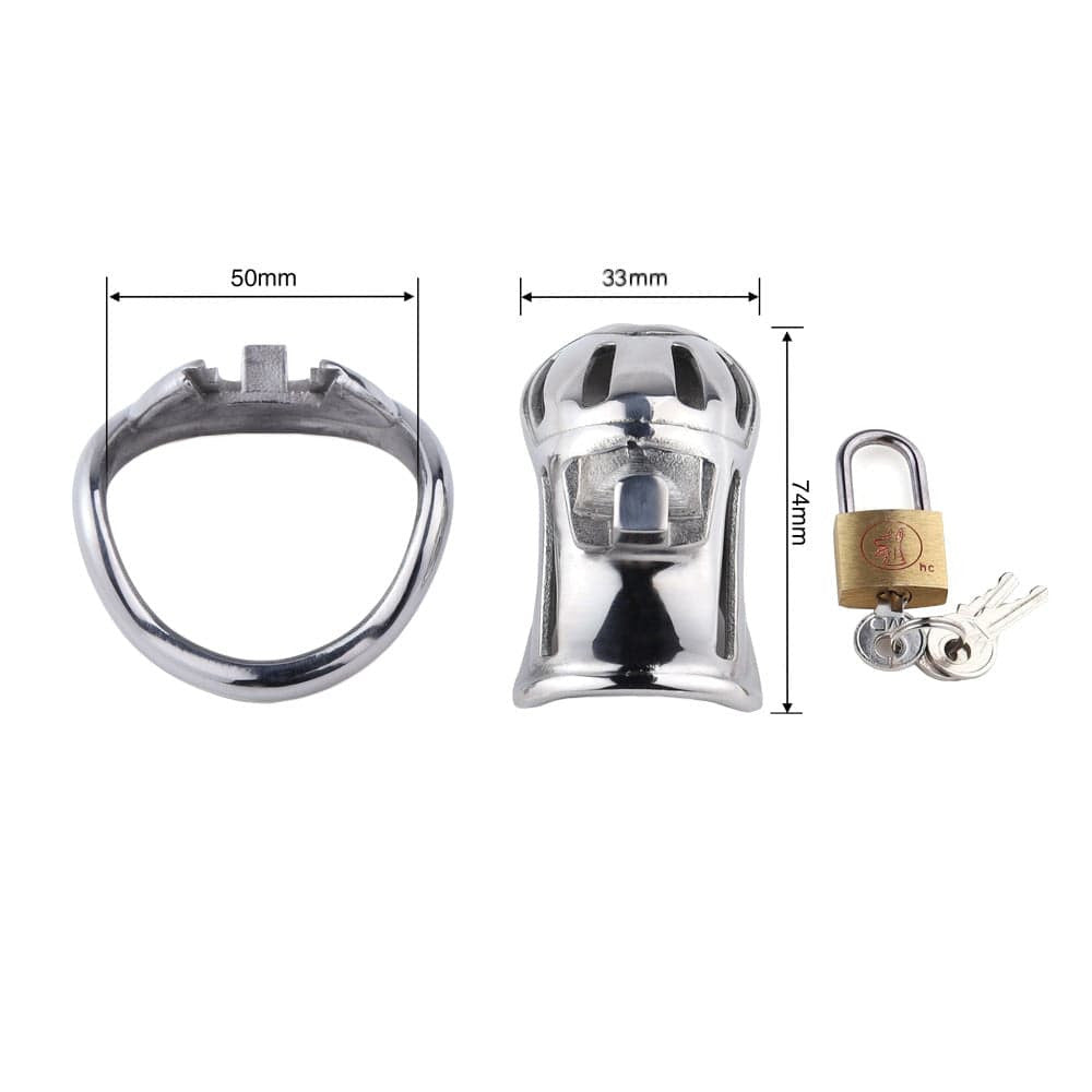 Experience ultimate control with this lightweight, golden cage. Crafted in gold-colored stainless steel, it features optional catheter and electroshock attachments for adventurous play.