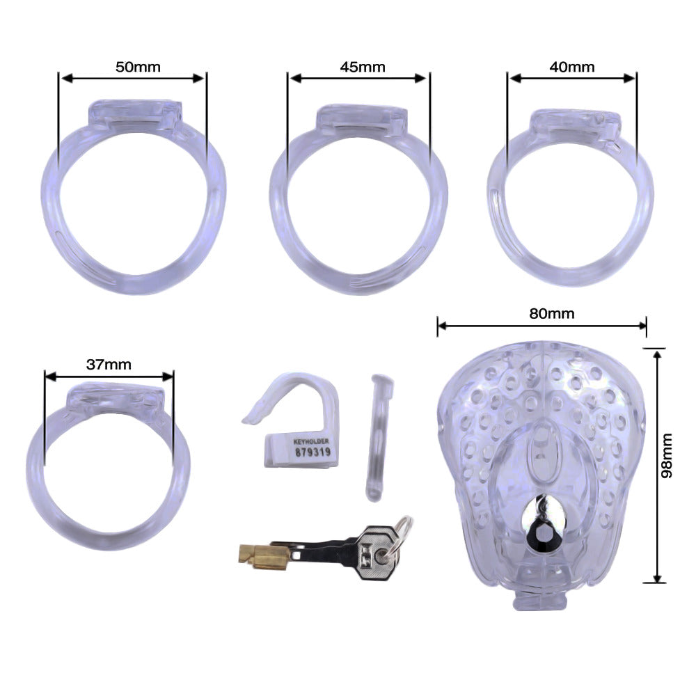 The Sissy Wrangler Resin flat kit offers restrained comfort with a discreet fit, aided by string-like ring measurements. Its duct-style design ensures breathability, perfect for controlling urges.