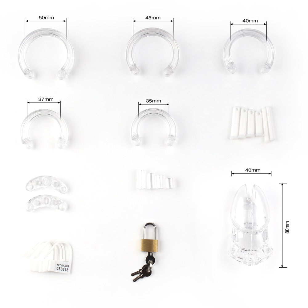 Experience ultimate control with our transparent plastic chastity cages. It features secure locks, including perma-lock options and numbered tags, ensuring peace of mind and unparalleled security for your needs.