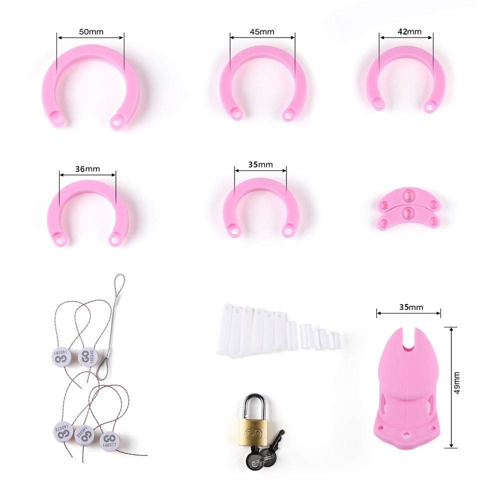 Lock yourself into the Silicone Sissy cock and wrangle your desires with confidence. Its large variety of rings ensures a perfect fit, while inner nubs prevent slips keeping you comfortably encased and true to yourself.