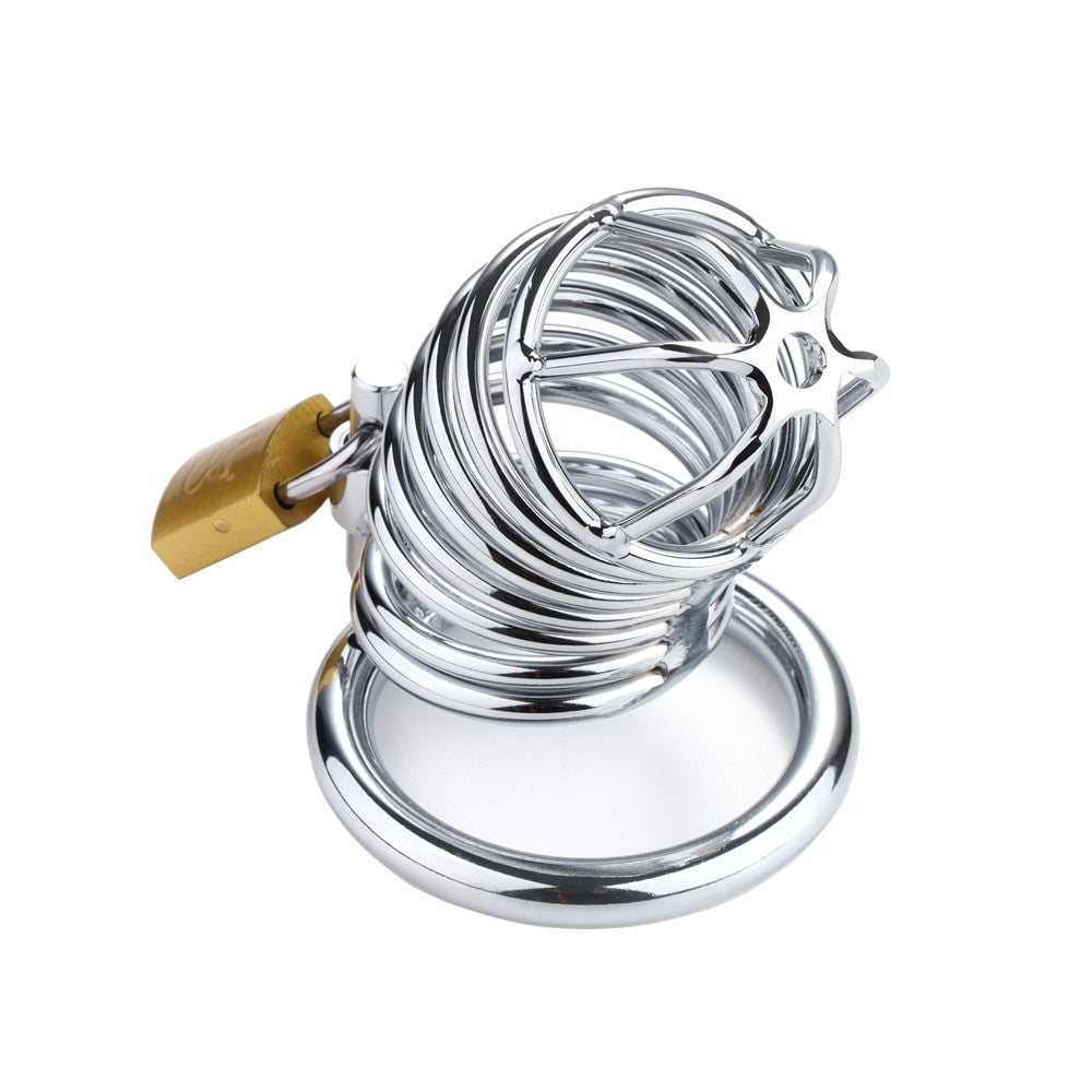 The chrome spiral cage boasts sleek looks and a distinctive detector-like pattern, ensuring secure fit with three base rings. Its breathable design and robust build offer comfort and style, making it ideal for BDSM enthusiasts.