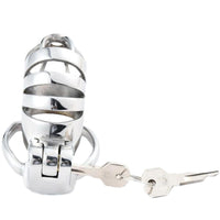 Image of a unique stainless steel chastity device for BDSM play.