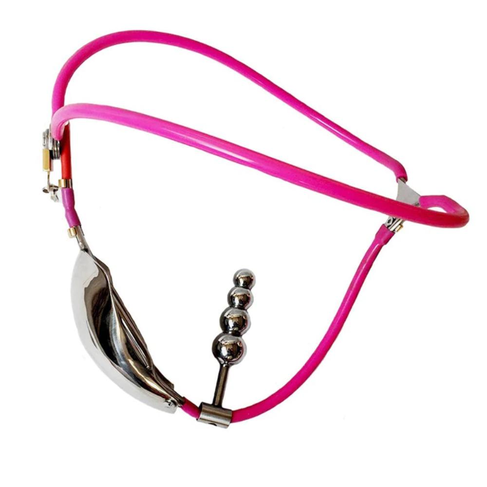 Pair it with your heels as he wears this chastity belt male chastity device. The kit steel locks him securely, while the movable beaded butt plug adds sensations. Available in silver. Unlock control keys and box included.