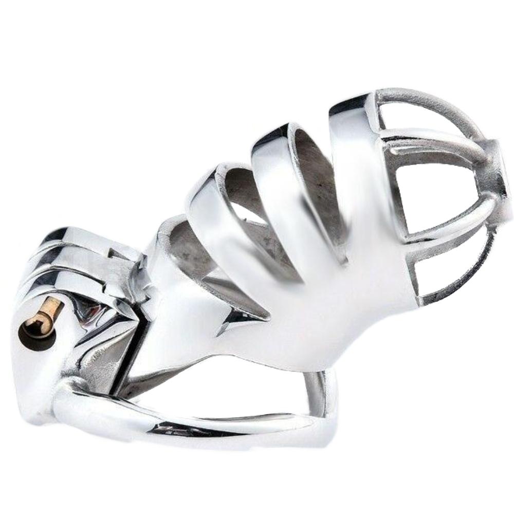 Stainless steel male chastity cage with curved rails and brass padlock.