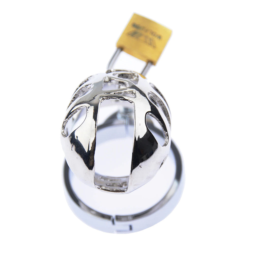 Discover a brushed stainless steel charm in this rubber cock cage. With its spiky interior and sided grip, it corrects negativ urges, enhancing control for the body male.