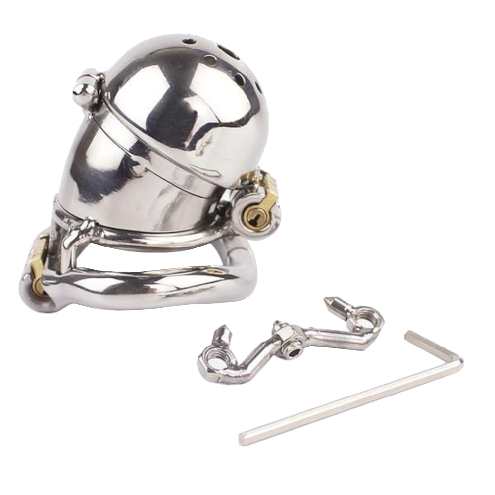 Chastity cage with stainless steel construction and comfortable design.