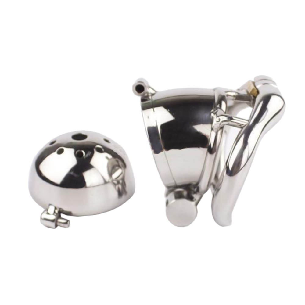 Chastity device with hole for urinating and four different cock ring diameter sizes.