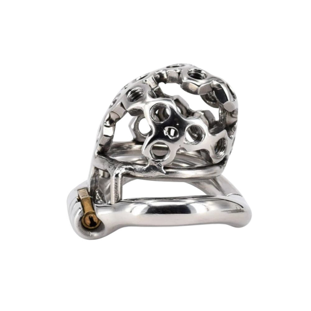 Experience a profound connection with our steel chastity device featuring an intricate honeycomb design. Every line and curve is crafted for comfort and security, ensuring even the tiniest movements are felt inward. Fasten it securely with the lock and nut, and embrace a new level of intimacy and trust.