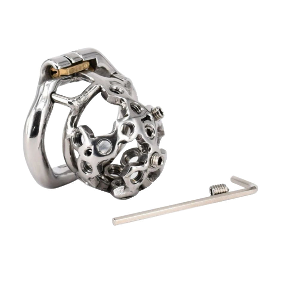 Tame the dragon with this stylish steel dick cage, featuring a honeycomb attachment perfect for the short male ready to explore his playful side and say, who's boss of the dungeon now?