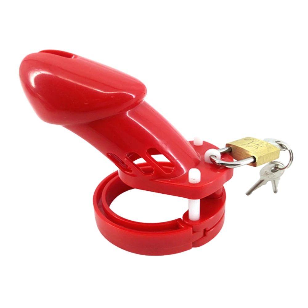 Step outside the box with this red plastic device, secured with included padlocks. Ventilated for comfort and featuring a urination hole, it comes with adjustable rings for a perfect fit. Unlock when you&#39;re ready to explore.
