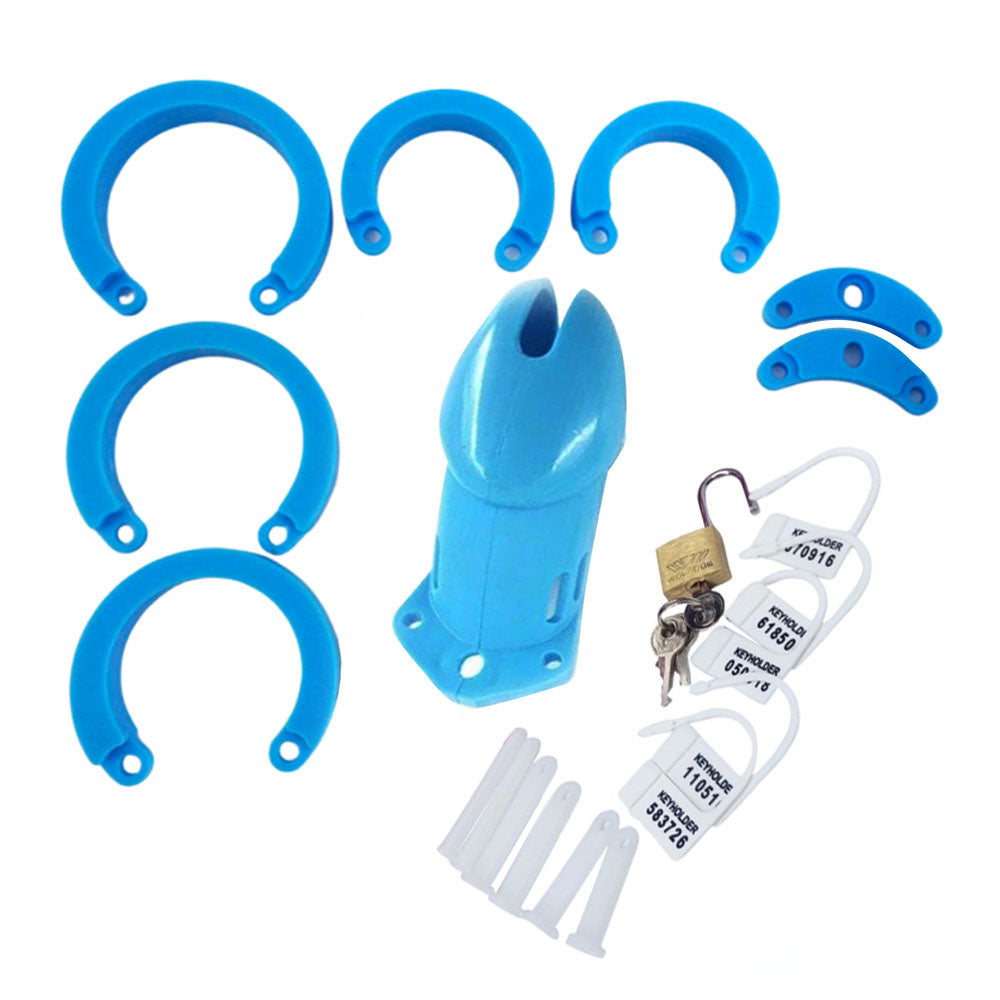 Discover our Little Boy Blue Silicone Sissy Femboy Cock cage a comfortable device that keeps you securely locked behind its smooth design. With spare rings for the perfect fit, the device comes with a key your mistress can wear on a necklace, and even includes handcuffs for added restraint.